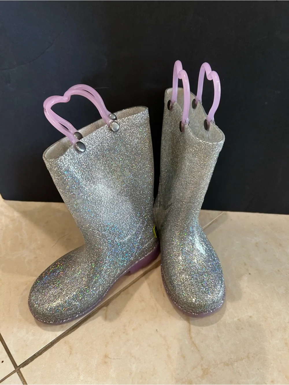 Western Chief Abby Glitter Light-Up Silver Rain Boots Girls Size 8 Toddler